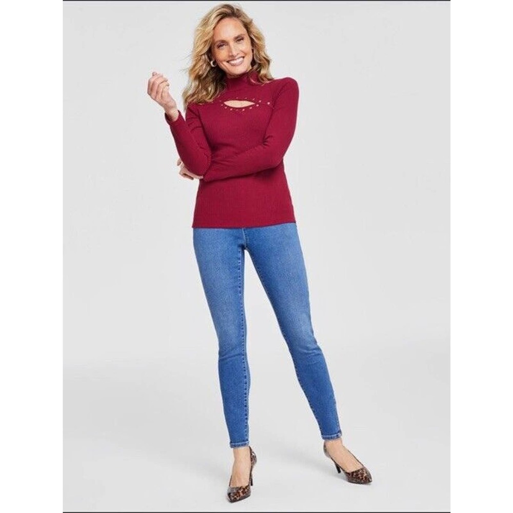 NWT XS Gold Studded Cut Out Mock Neck Cabernet Long Sleeve Blouse